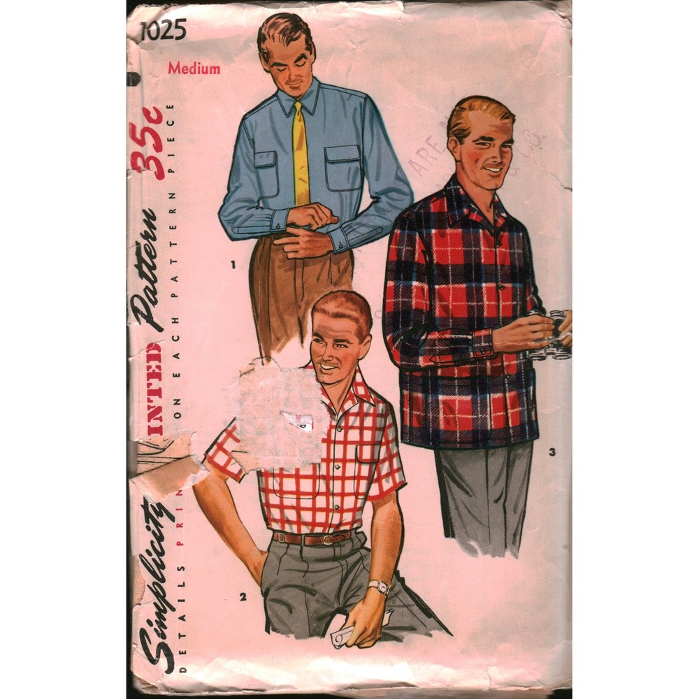 Vintage Simplicity 1025 Mens Sport Shirt Sewing Pattern Size Medium 38-40 Chest